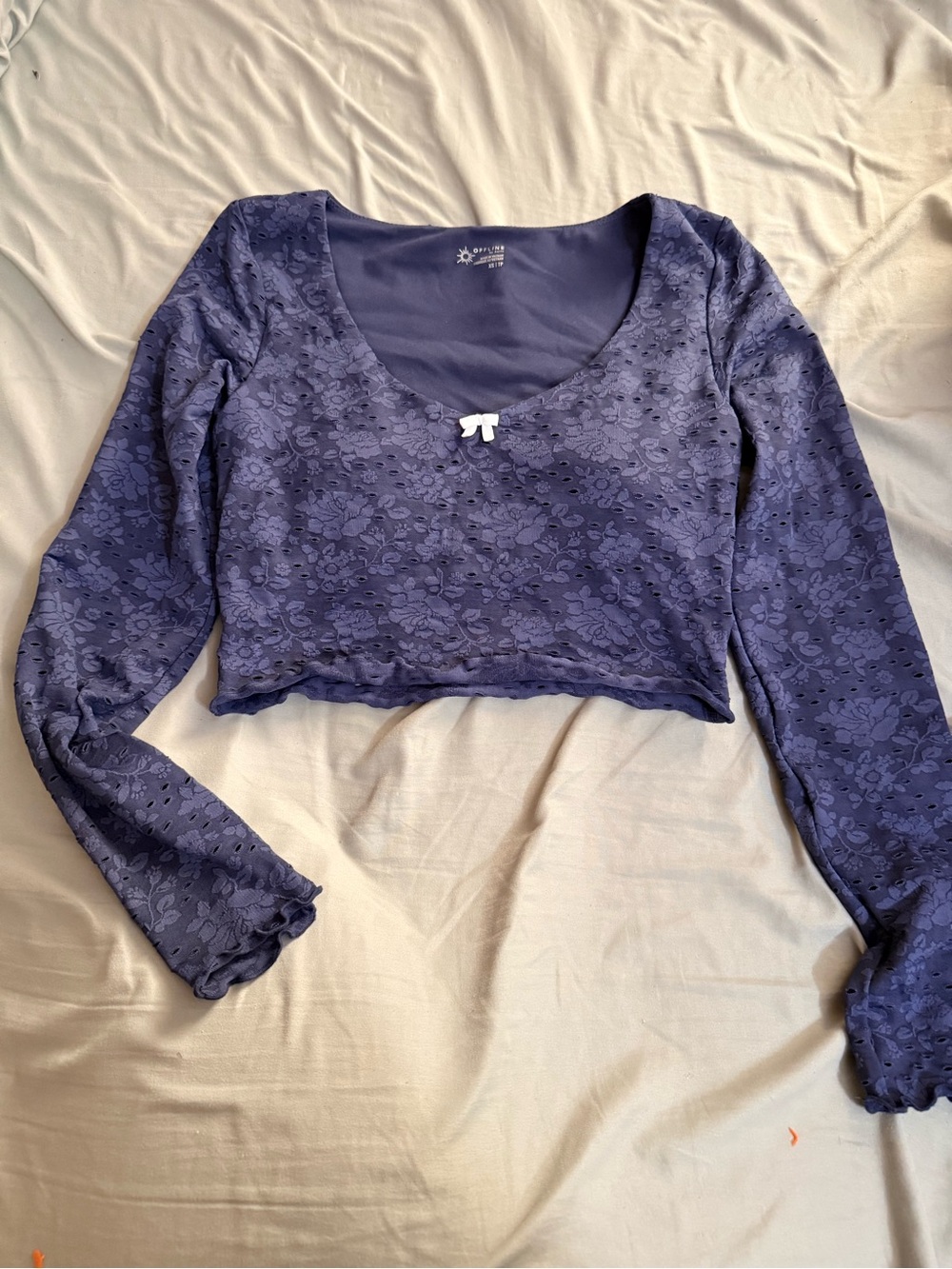 aerie Purple Floral Lace Scoop Neck Crop Top with Bow